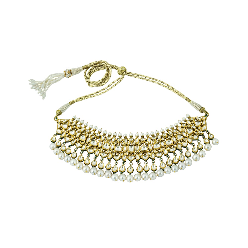 Gold Polki Choker with Pearls and Cascading Drops